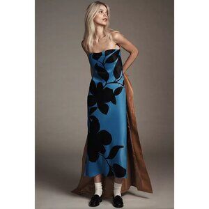 By Anthropologie Satin Midi Slip Dress Blue Black Floral XL